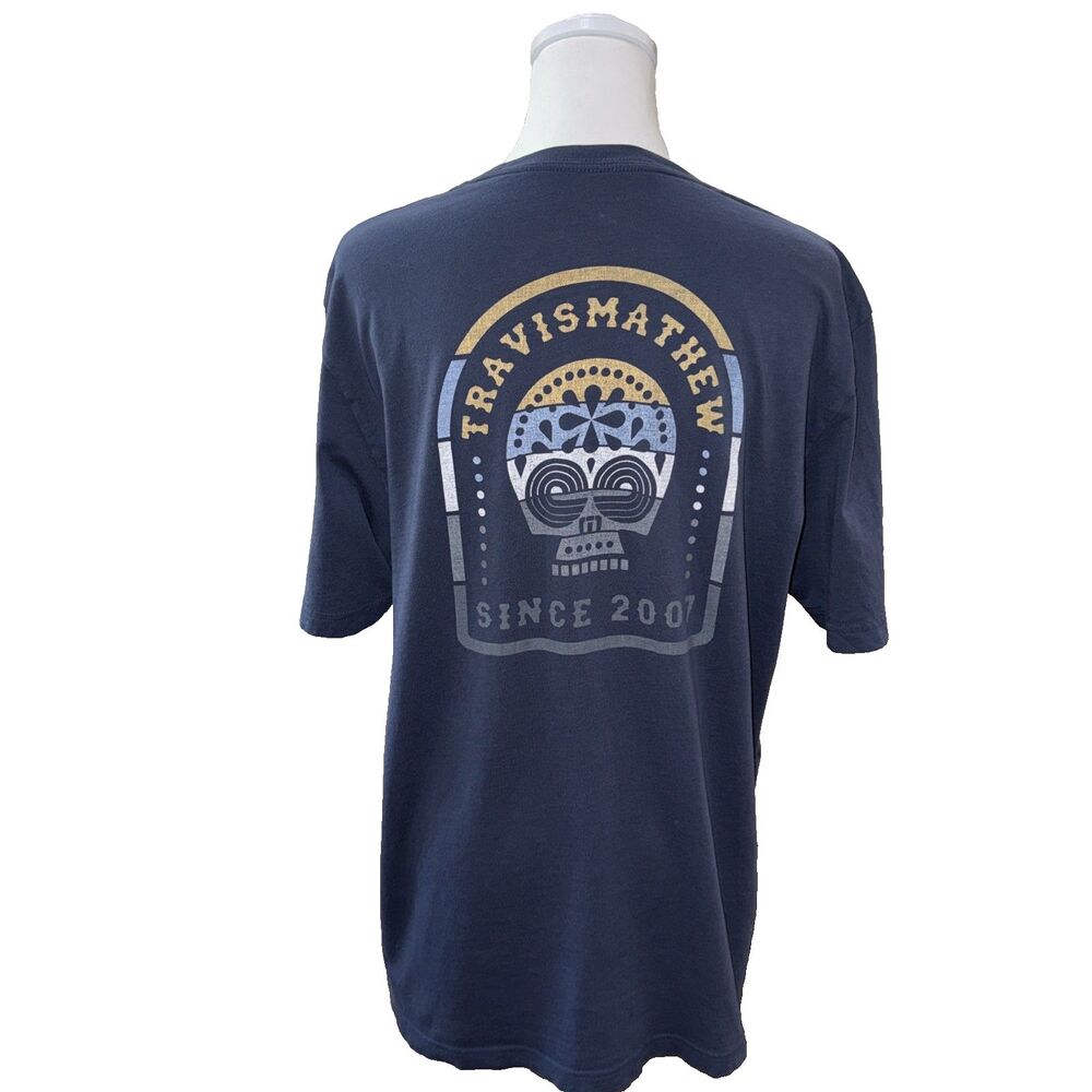 TravisMathew Skull Graphic T Shirt Blue Gray Short Sleeve Soft Casual Mens L